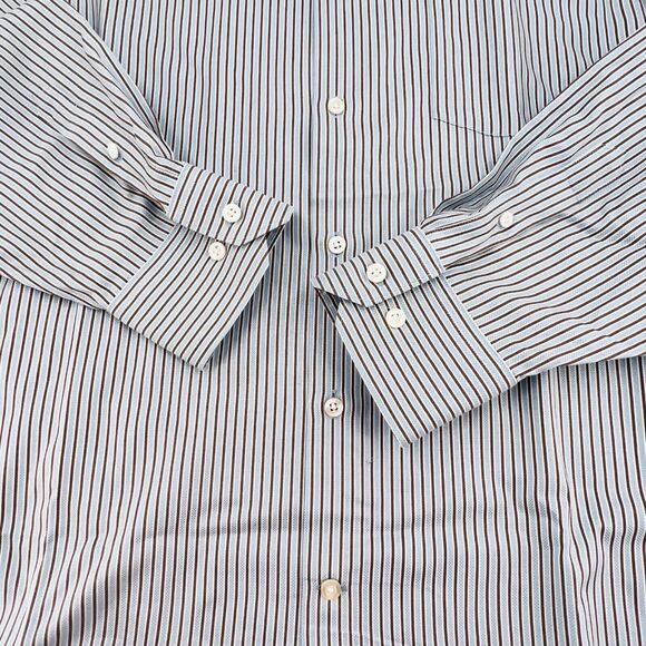 Johnston & Murphy Shirt Mens XL Blue White Brown Striped Button Down Easy Care - Picture 5 of 10